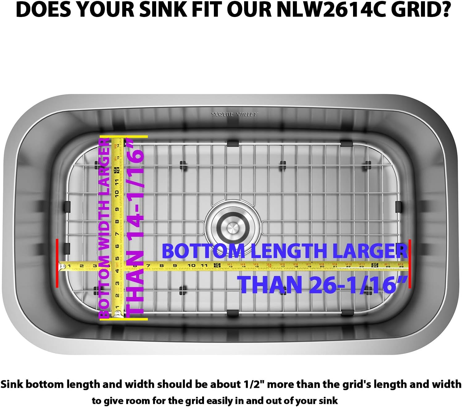 Serene Valley Sink Protector Grid 26-1/16 x 14-1/16, Centered Drain with Corner Radius 3-1/2, 304 Stainless Steel Material NLW2614C